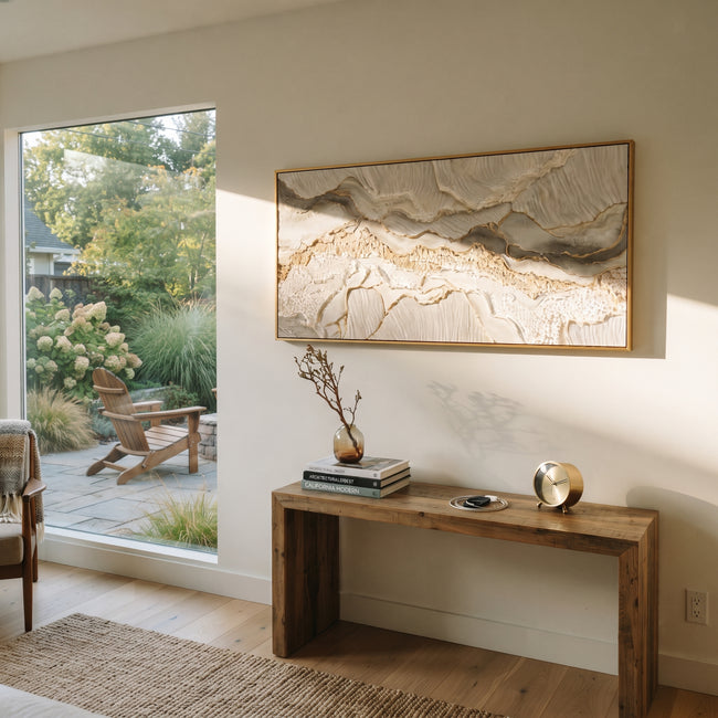 "Clouded Open Ravine Relief" - Modern Heavy Impasto Abstract Textured Artwork | White & Grey Palette Knife Painting | Luxury Horizontal Wall Art #Q 424