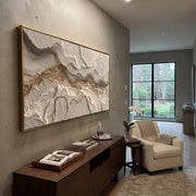 "Clouded Open Ravine Relief" - Modern Heavy Impasto Abstract Textured Artwork | White & Grey Palette Knife Painting | Luxury Horizontal Wall Art #Q 424