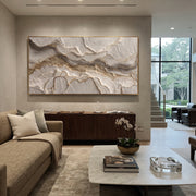 "Clouded Open Ravine Relief" - Modern Heavy Impasto Abstract Textured Artwork | White & Grey Palette Knife Painting | Luxury Horizontal Wall Art #Q 424