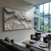 "Clouded Open Ravine Relief" - Modern Heavy Impasto Abstract Textured Artwork | White & Grey Palette Knife Painting | Luxury Horizontal Wall Art #Q 424