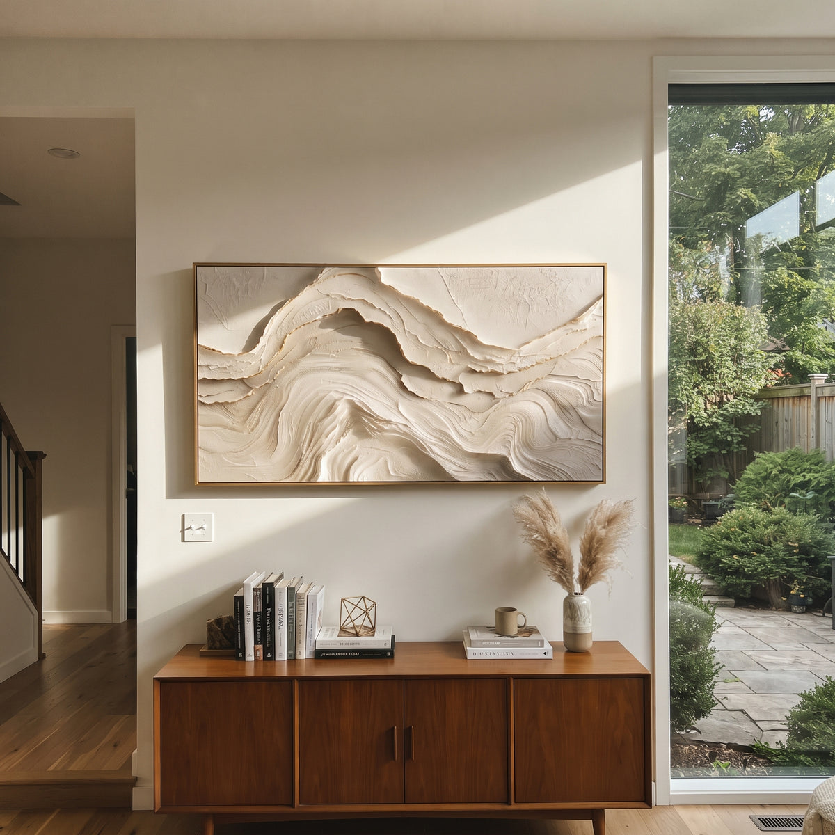 "Fanned Fine Terrace Relief" - Modern Heavy Impasto Abstract Textured Artwork | White & Grey Palette Knife Painting | Luxury Horizontal Wall Art #Q 426