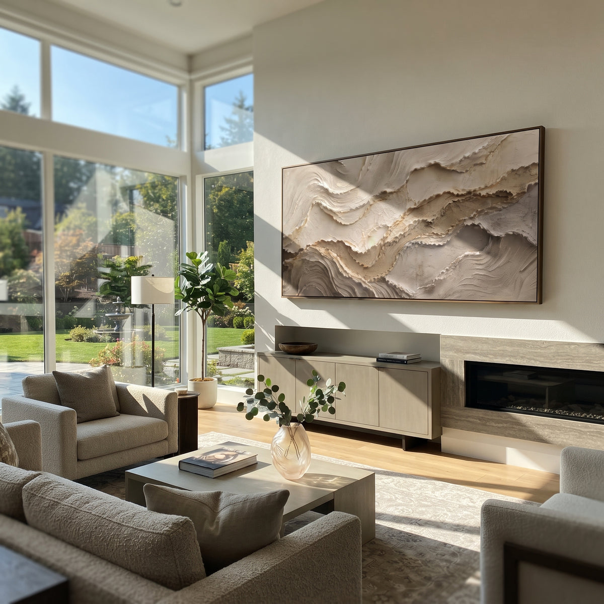 "Crescent Narrow Channel Relief" - Modern Heavy Impasto Abstract Textured Artwork | White & Grey Palette Knife Painting | Luxury Horizontal Wall Art #Q 427