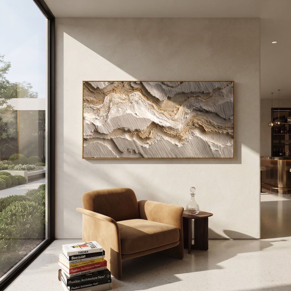 "Channel Deep Strata Relief" - Modern Heavy Impasto Abstract Textured Artwork | Black & White Palette Knife Painting | Luxury Horizontal Wall Art #Q 429
