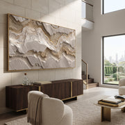 "Channel Deep Strata Relief" - Modern Heavy Impasto Abstract Textured Artwork | Black & White Palette Knife Painting | Luxury Horizontal Wall Art #Q 429
