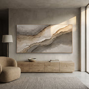 "Creek Silver Ridge Relief" - Modern Heavy Impasto Abstract Textured Artwork | Black & White Palette Knife Painting | Luxury Horizontal Wall Art #Q 430