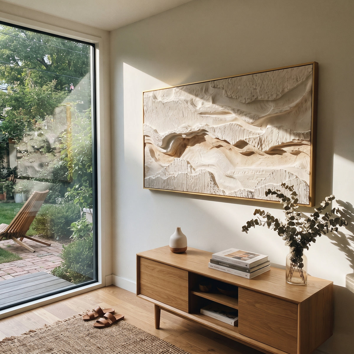 "Shore Azure Riverbed Relief" - Modern Heavy Impasto Abstract Textured Artwork | Black & White Palette Knife Painting | Luxury Horizontal Wall Art #Q 433