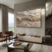 "Shore Azure Riverbed Relief" - Modern Heavy Impasto Abstract Textured Artwork | Black & White Palette Knife Painting | Luxury Horizontal Wall Art #Q 433