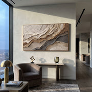 "Swell Bronze Current Relief" - Modern Heavy Impasto Abstract Textured Artwork | Black & White Palette Knife Painting | Luxury Horizontal Wall Art #Q 434