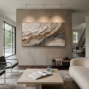 "Swell Bronze Current Relief" - Modern Heavy Impasto Abstract Textured Artwork | Black & White Palette Knife Painting | Luxury Horizontal Wall Art #Q 434