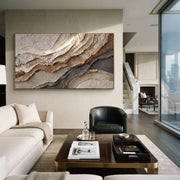 "Swell Bronze Current Relief" - Modern Heavy Impasto Abstract Textured Artwork | Black & White Palette Knife Painting | Luxury Horizontal Wall Art #Q 434