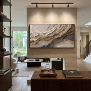 "Swell Bronze Current Relief" - Modern Heavy Impasto Abstract Textured Artwork | Black & White Palette Knife Painting | Luxury Horizontal Wall Art #Q 434