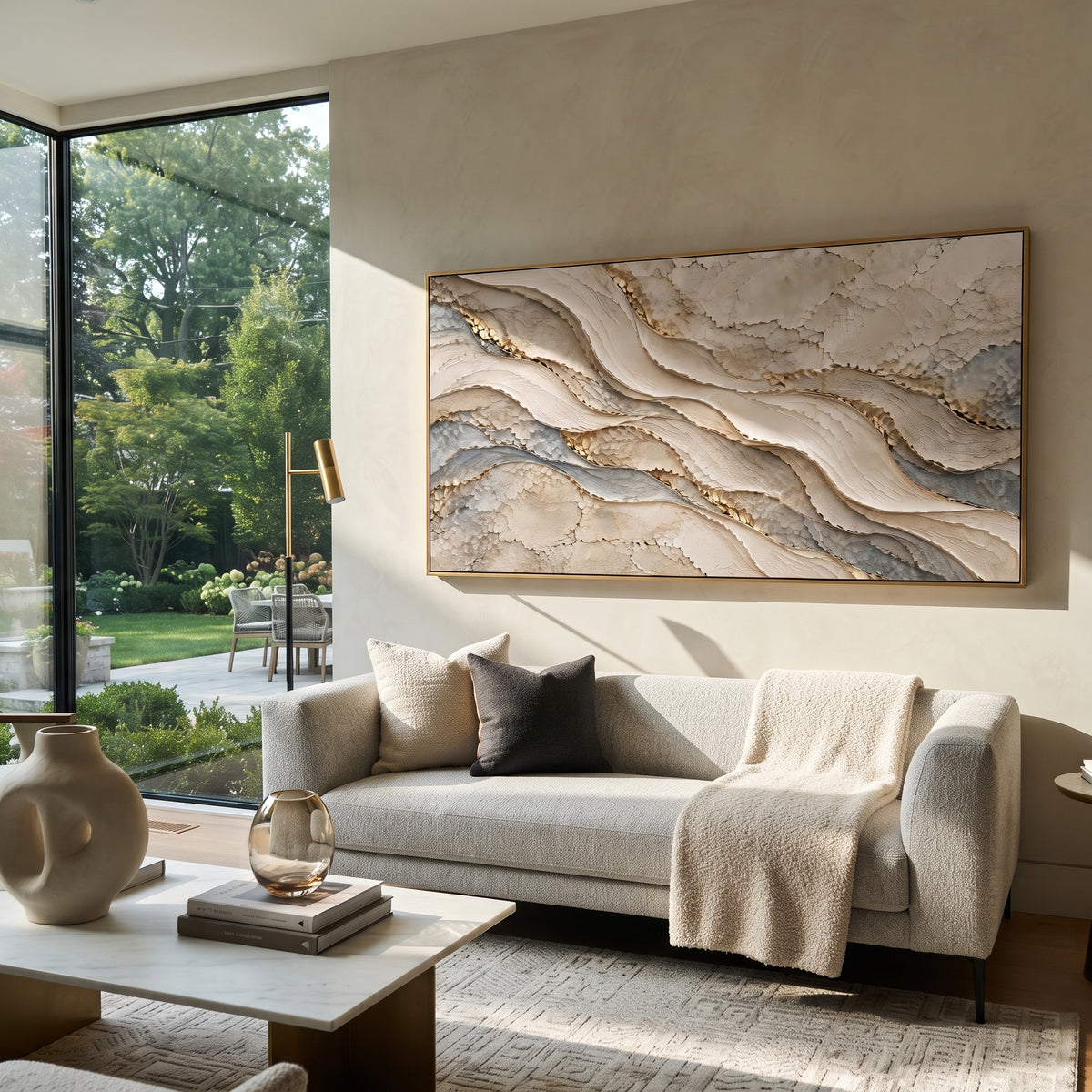 "Current Umber Valley Relief" - Modern Heavy Impasto Abstract Textured Artwork | Black & White Palette Knife Painting | Luxury Horizontal Wall Art #Q 436