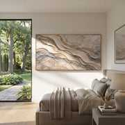"Current Umber Valley Relief" - Modern Heavy Impasto Abstract Textured Artwork | Black & White Palette Knife Painting | Luxury Horizontal Wall Art #Q 436
