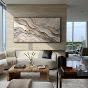 "Current Umber Valley Relief" - Modern Heavy Impasto Abstract Textured Artwork | Black & White Palette Knife Painting | Luxury Horizontal Wall Art #Q 436