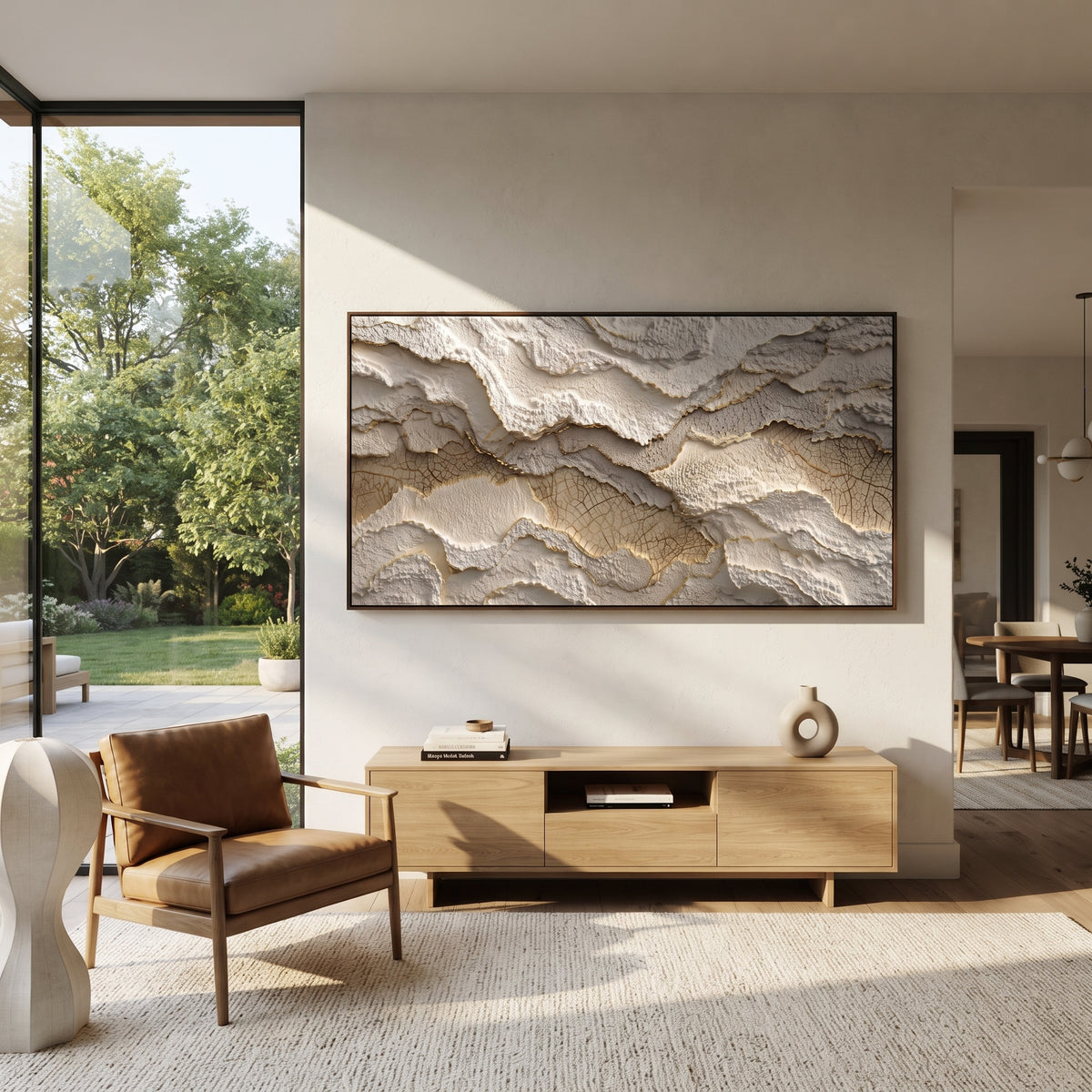 "Whisper Walnut Ribbon Relief" - Modern Heavy Impasto Abstract Textured Artwork | Black & White Palette Knife Painting | Luxury Horizontal Wall Art #Q 437