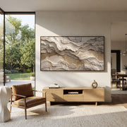 "Whisper Walnut Ribbon Relief" - Modern Heavy Impasto Abstract Textured Artwork | Black & White Palette Knife Painting | Luxury Horizontal Wall Art #Q 437