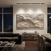 "Whisper Walnut Ribbon Relief" - Modern Heavy Impasto Abstract Textured Artwork | Black & White Palette Knife Painting | Luxury Horizontal Wall Art #Q 437