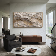 "Whisper Walnut Ribbon Relief" - Modern Heavy Impasto Abstract Textured Artwork | Black & White Palette Knife Painting | Luxury Horizontal Wall Art #Q 437