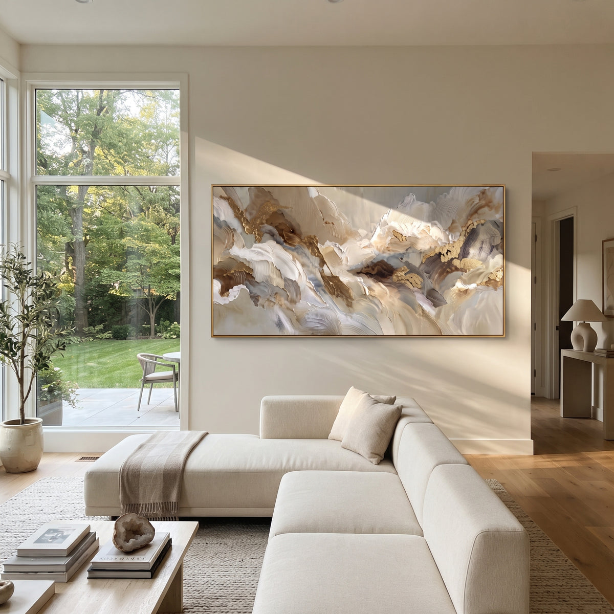 "Hearth Cocoa Strata Ribbon Relief" - Modern Heavy Impasto Abstract Textured Artwork | White & Black Palette Knife Painting | Luxury Horizontal Wall Art #Q 438