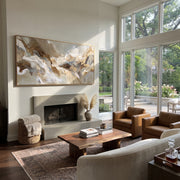 "Hearth Cocoa Strata Ribbon Relief" - Modern Heavy Impasto Abstract Textured Artwork | White & Black Palette Knife Painting | Luxury Horizontal Wall Art #Q 438