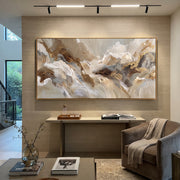 "Hearth Cocoa Strata Ribbon Relief" - Modern Heavy Impasto Abstract Textured Artwork | White & Black Palette Knife Painting | Luxury Horizontal Wall Art #Q 438
