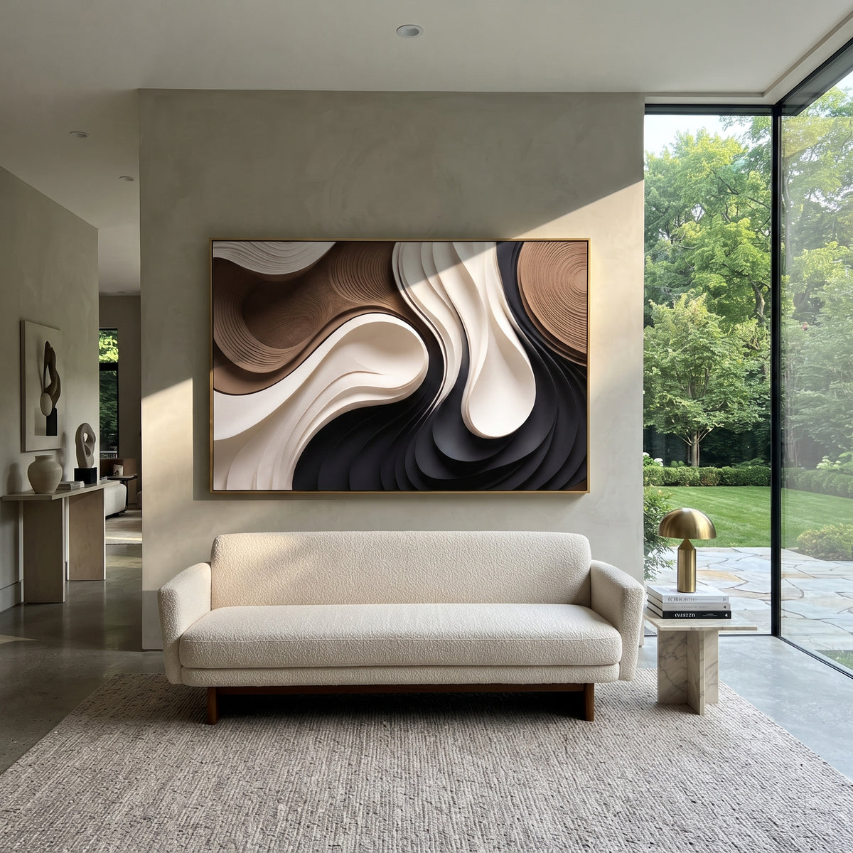 "Charcoal Slate Ravine Ribbon Relief" - Modern Heavy Impasto Abstract Textured Artwork | White & Black Palette Knife Painting | Luxury Horizontal Wall Art #Q 440