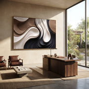 "Charcoal Slate Ravine Ribbon Relief" - Modern Heavy Impasto Abstract Textured Artwork | White & Black Palette Knife Painting | Luxury Horizontal Wall Art #Q 440