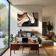 "Charcoal Slate Ravine Ribbon Relief" - Modern Heavy Impasto Abstract Textured Artwork | White & Black Palette Knife Painting | Luxury Horizontal Wall Art #Q 440
