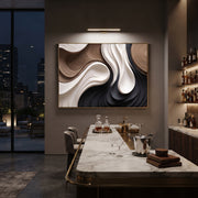 "Charcoal Slate Ravine Ribbon Relief" - Modern Heavy Impasto Abstract Textured Artwork | White & Black Palette Knife Painting | Luxury Horizontal Wall Art #Q 440
