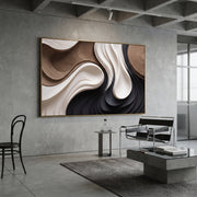 "Charcoal Slate Ravine Ribbon Relief" - Modern Heavy Impasto Abstract Textured Artwork | White & Black Palette Knife Painting | Luxury Horizontal Wall Art #Q 440