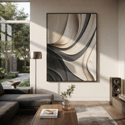 "Ink Onyx Channel Ribbon Relief" - Modern Heavy Impasto Abstract Textured Artwork | White & Black Palette Knife Painting | Luxury Vertical Wall Art #Q 441