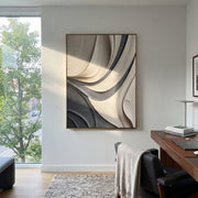 "Ink Onyx Channel Ribbon Relief" - Modern Heavy Impasto Abstract Textured Artwork | White & Black Palette Knife Painting | Luxury Vertical Wall Art #Q 441