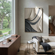 "Ink Onyx Channel Ribbon Relief" - Modern Heavy Impasto Abstract Textured Artwork | White & Black Palette Knife Painting | Luxury Vertical Wall Art #Q 441