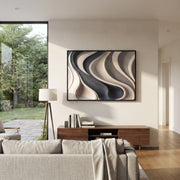 "Noir Ebony Wave Ribbon Relief" - Modern Heavy Impasto Abstract Textured Artwork | White & Black Palette Knife Painting | Luxury Horizontal Wall Art #Q 442