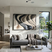 "Noir Ebony Wave Ribbon Relief" - Modern Heavy Impasto Abstract Textured Artwork | White & Black Palette Knife Painting | Luxury Horizontal Wall Art #Q 442