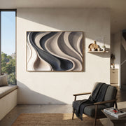 "Noir Ebony Wave Ribbon Relief" - Modern Heavy Impasto Abstract Textured Artwork | White & Black Palette Knife Painting | Luxury Horizontal Wall Art #Q 442