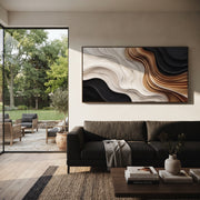 "Porcelain Quartz Ridge Ribbon Relief" - Modern Heavy Impasto Abstract Textured Artwork | White & Black Palette Knife Painting | Luxury Horizontal Wall Art #Q 444