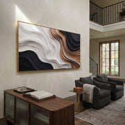 "Porcelain Quartz Ridge Ribbon Relief" - Modern Heavy Impasto Abstract Textured Artwork | White & Black Palette Knife Painting | Luxury Horizontal Wall Art #Q 444