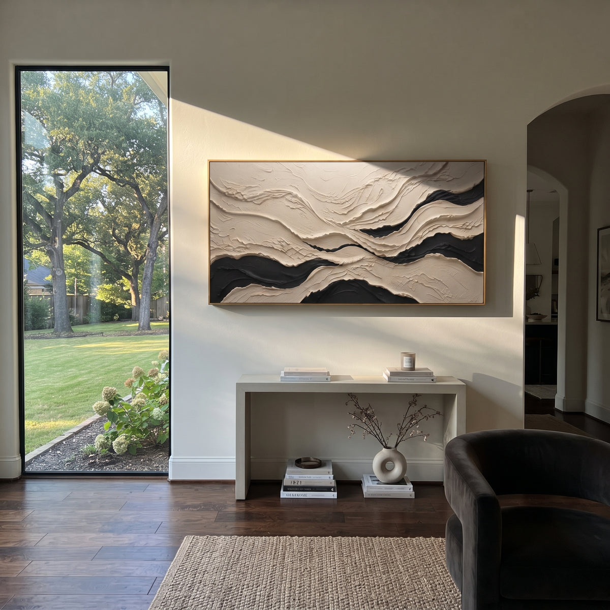 "Chalk Lace Current Ribbon Relief" - Modern Heavy Impasto Abstract Textured Artwork | White & Black Palette Knife Painting | Luxury Horizontal Wall Art #Q 445