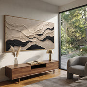 "Chalk Lace Current Ribbon Relief" - Modern Heavy Impasto Abstract Textured Artwork | White & Black Palette Knife Painting | Luxury Horizontal Wall Art #Q 445