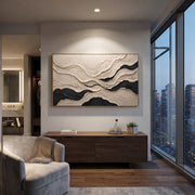 "Chalk Lace Current Ribbon Relief" - Modern Heavy Impasto Abstract Textured Artwork | White & Black Palette Knife Painting | Luxury Horizontal Wall Art #Q 445