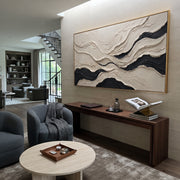 "Chalk Lace Current Ribbon Relief" - Modern Heavy Impasto Abstract Textured Artwork | White & Black Palette Knife Painting | Luxury Horizontal Wall Art #Q 445