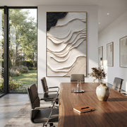 "Curve Cloud Ridge Ribbon Relief" - Modern Heavy Impasto Abstract Textured Artwork | White & Grey Palette Knife Painting | Luxury Vertical Wall Art #Q 451