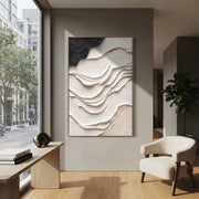 "Curve Cloud Ridge Ribbon Relief" - Modern Heavy Impasto Abstract Textured Artwork | White & Grey Palette Knife Painting | Luxury Vertical Wall Art #Q 451