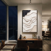 "Curve Cloud Ridge Ribbon Relief" - Modern Heavy Impasto Abstract Textured Artwork | White & Grey Palette Knife Painting | Luxury Vertical Wall Art #Q 451