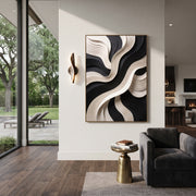 "Contour Hill Current Ribbon Relief" - Modern Heavy Impasto Abstract Textured Artwork | White & Grey Palette Knife Painting | Luxury Vertical Wall Art #Q 452