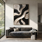 "Contour Hill Current Ribbon Relief" - Modern Heavy Impasto Abstract Textured Artwork | White & Grey Palette Knife Painting | Luxury Vertical Wall Art #Q 452