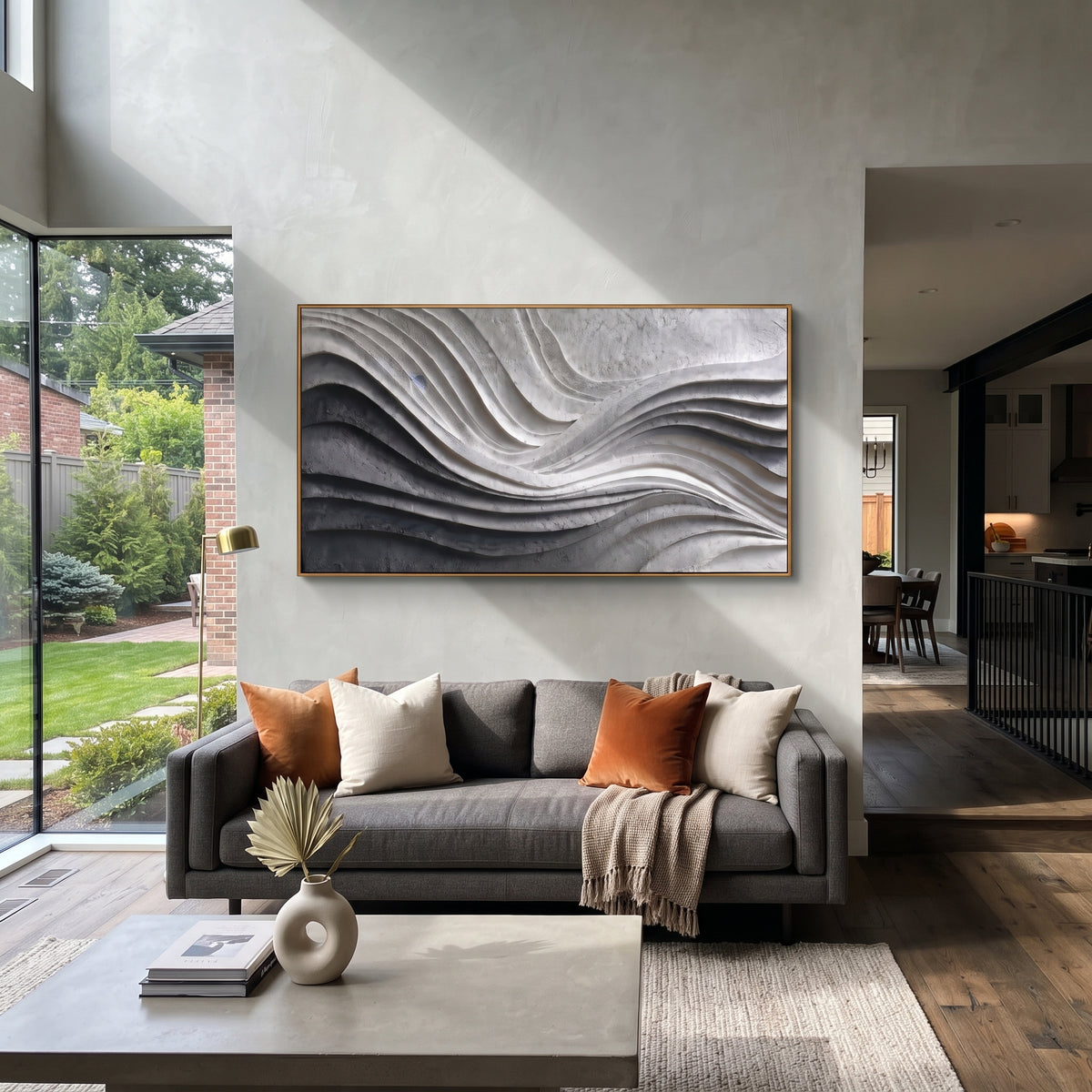 "Raised Crease River Ribbon Relief" - Modern Heavy Impasto Abstract Textured Artwork | White & Grey Palette Knife Painting | Luxury Horizontal Wall Art #Q 455