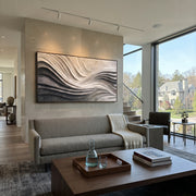 "Raised Crease River Ribbon Relief" - Modern Heavy Impasto Abstract Textured Artwork | White & Grey Palette Knife Painting | Luxury Horizontal Wall Art #Q 455