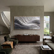 "Raised Crease River Ribbon Relief" - Modern Heavy Impasto Abstract Textured Artwork | White & Grey Palette Knife Painting | Luxury Horizontal Wall Art #Q 455